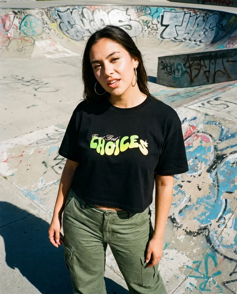 Model in a graffiti skate park in the Acid Crop tee, acid green Choices front print