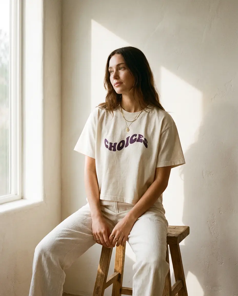 Cream crop tee on model in soft morning window light, plum CHOICES arc