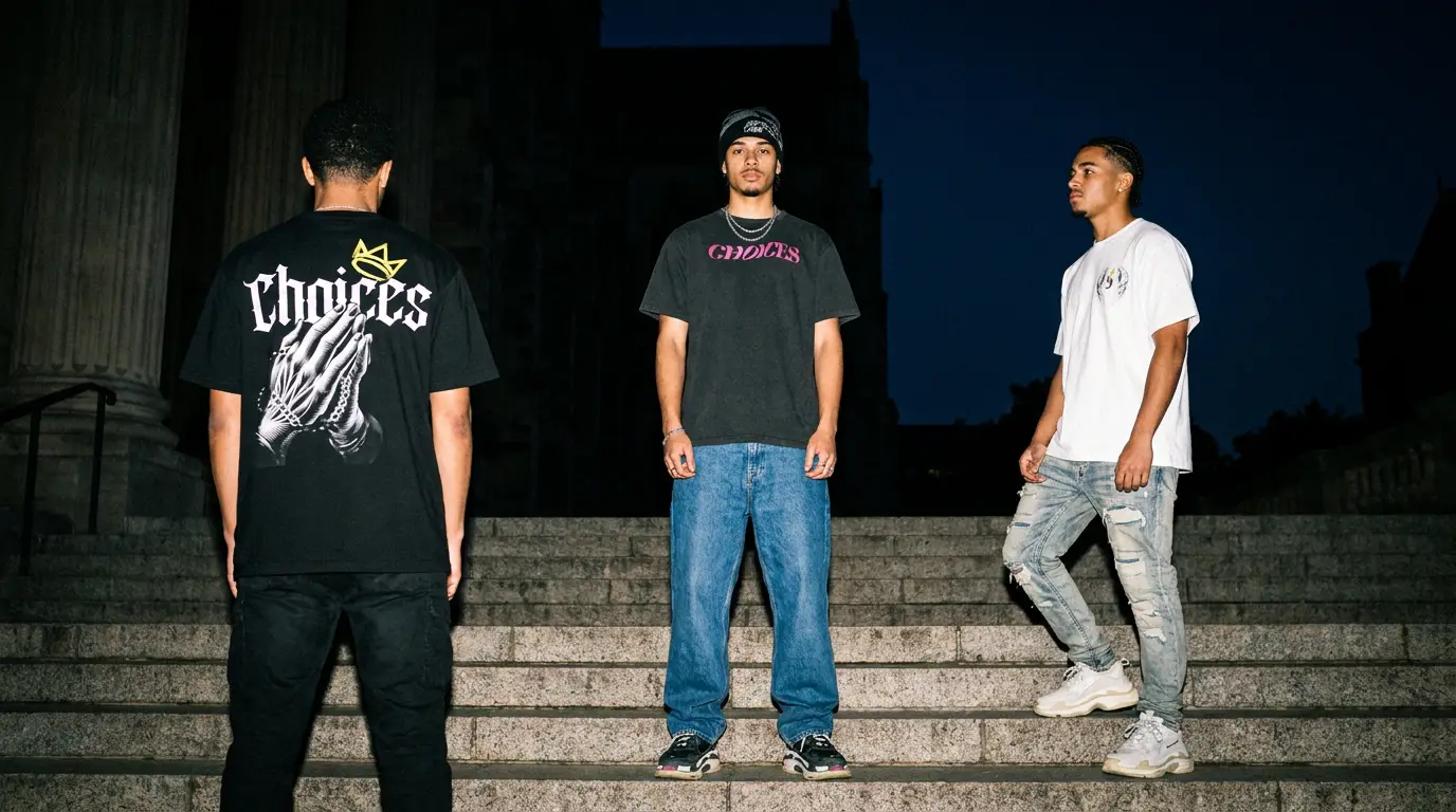 Drop 01 campaign: three models on stone steps at night in the Crowned Choices, Sunset and Creation tees