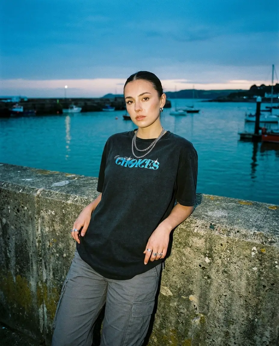 Ocean tee on model at a seawall at blue hour, blue chrome front print