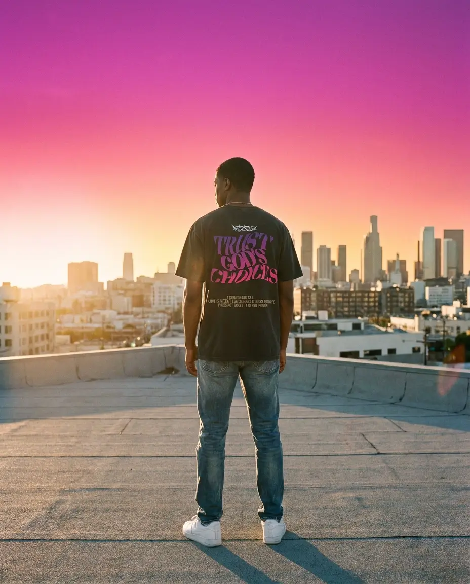 Model on a rooftop at golden hour facing the city skyline in the Sunset tee, magenta and violet back print