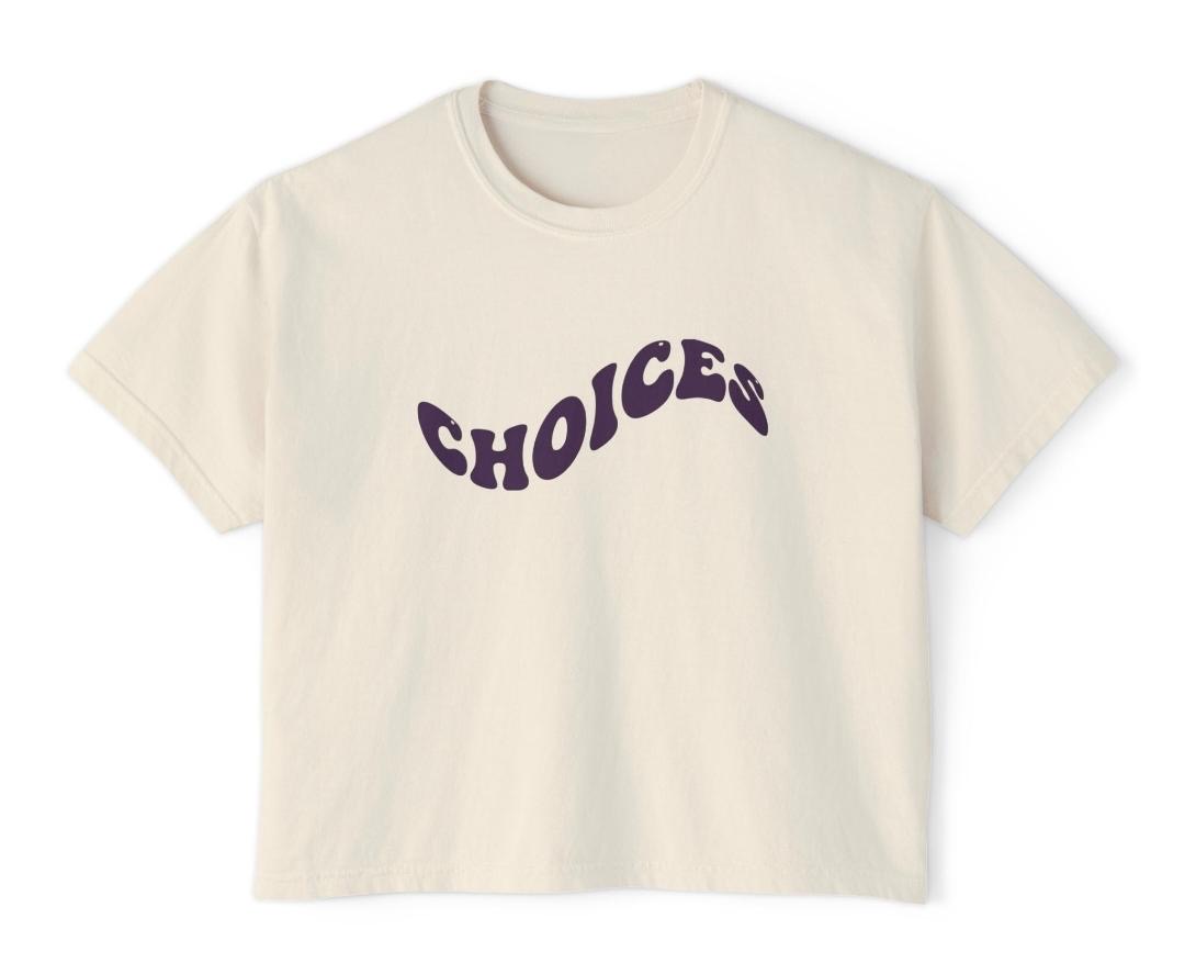 Cream crop tee, front: CHOICES plum arc